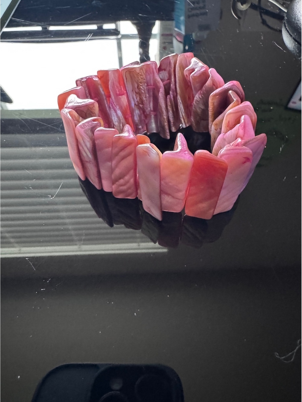 Pink Mother of Pearl Shell Stretch Bracelet Wide Iridescent Tile Boho Statement